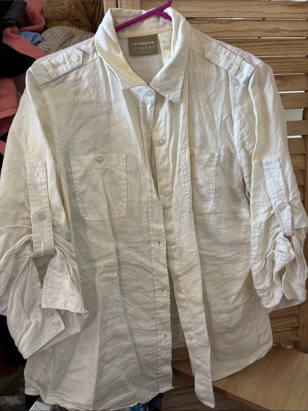 Liz Claiborne White Lightweight Linen Button Down Shirt Large